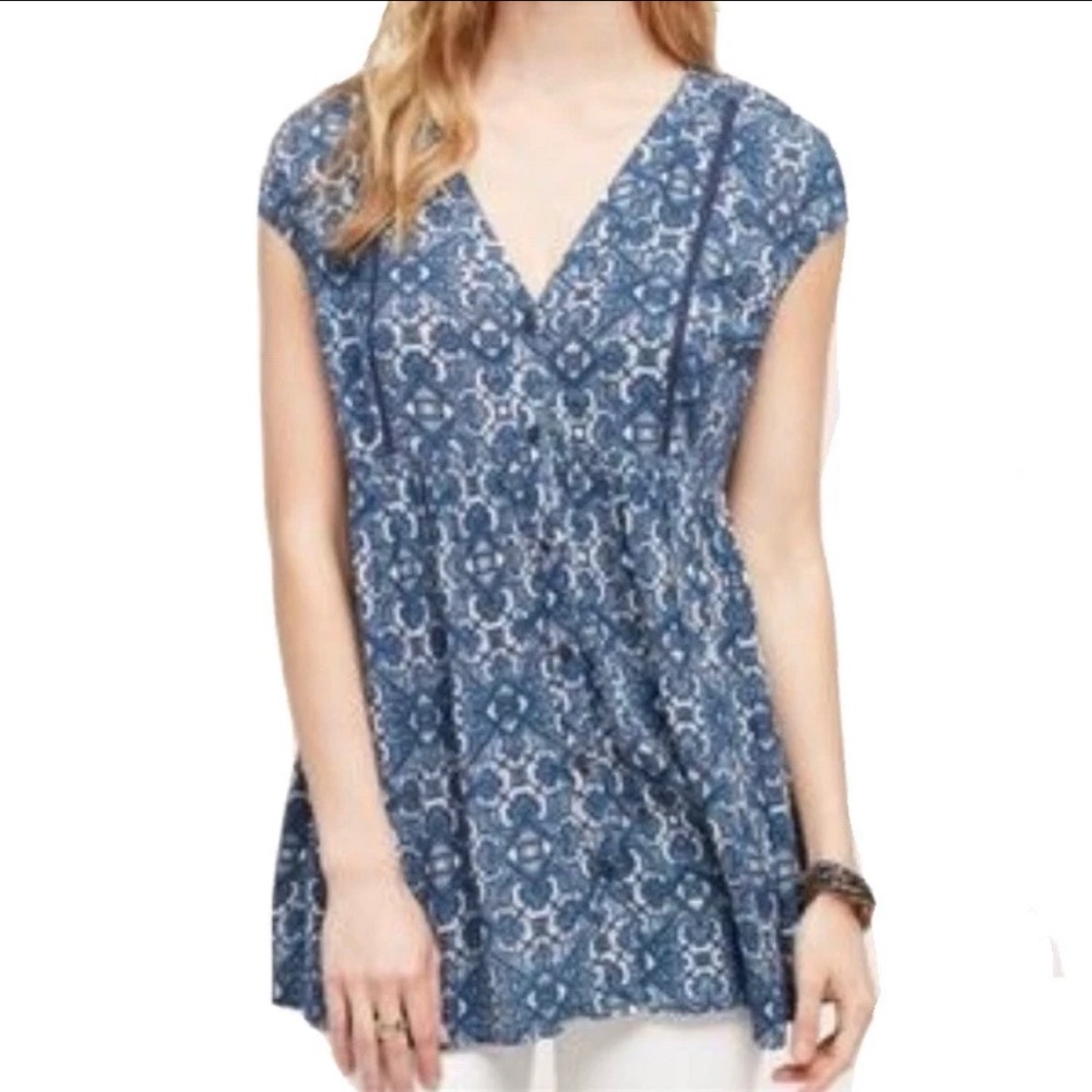 Vanessa Virginia ANTHROPOLOGIE Blue Boho Print V-Neck Button Down Tunic M